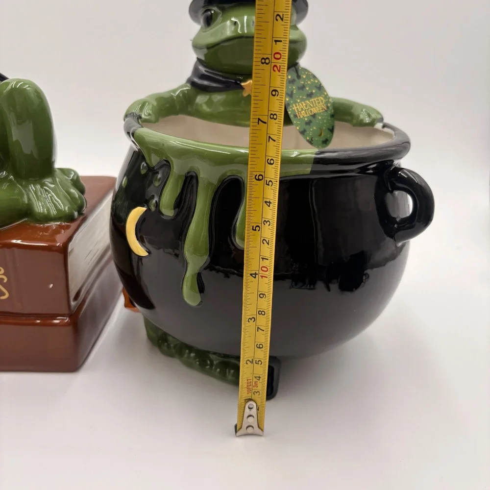 Haunted Halloween Ceramic Witch Frog Cookie Jar and Cauldron Candy Dish Set NEW